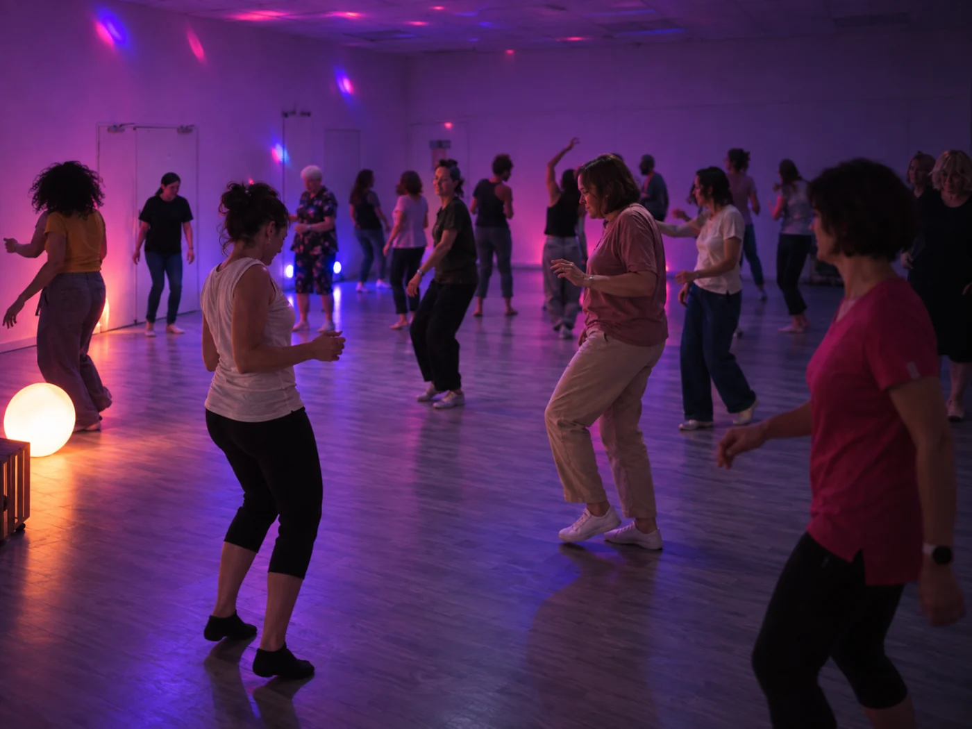 Un groupe danse librement sur le parquet d’une salle aux lumières tamisées